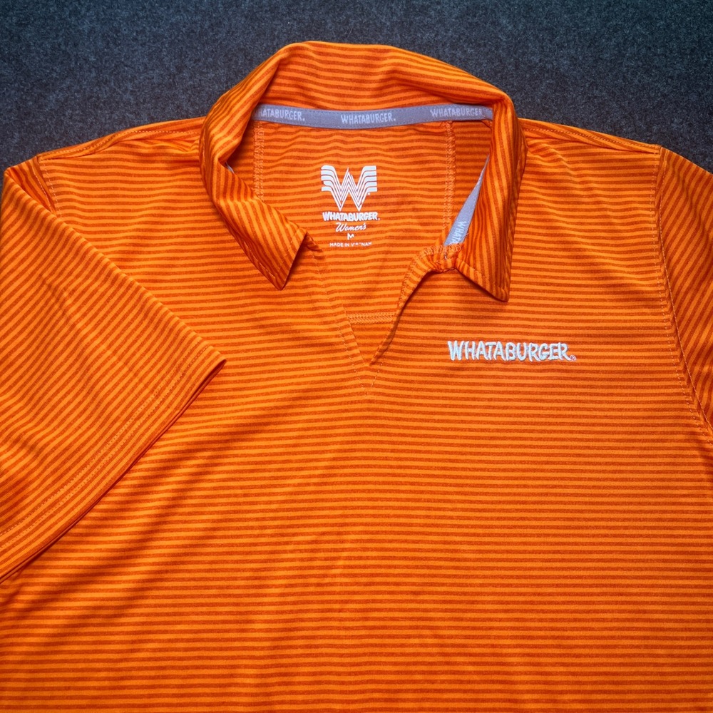 Whataburger Polo Shirt Womens Medium Orange Striped V-Neck Logo Top